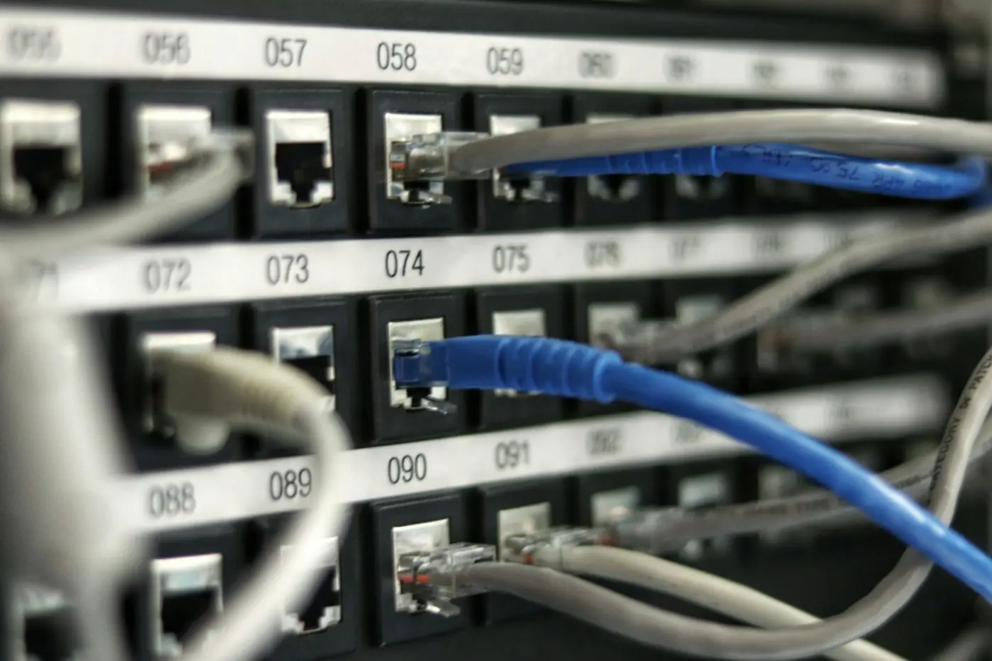 Patch panel com cabos de rede azuis e cinzas conectados